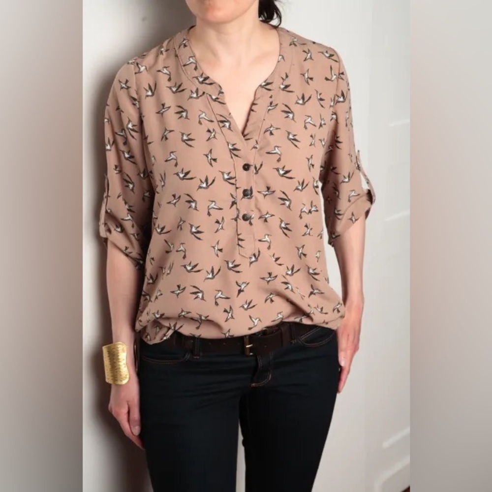 Fun 2 Fun Beige Bird Pattern Blouse